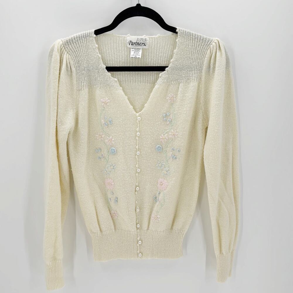 Vintage Partners Sweater 1970s Pearl Button Embroidered Floral metallic size S